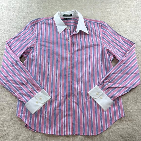 Ralph Lauren Women's SZ Extra Large Slim Fit Pink Striped Button-Down Dress Shir - Picture 2 of 8